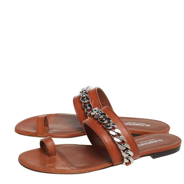Pre Owned Burberry Brown Leather Heidi Toe Ring Flats Size 37