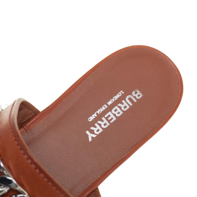 Pre Owned Burberry Brown Leather Heidi Toe Ring Flats Size 37
