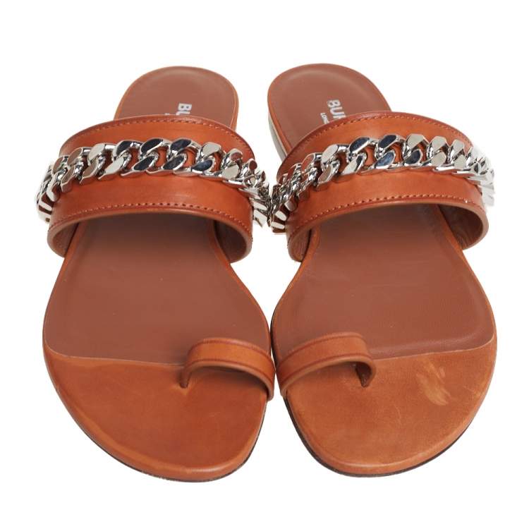 Pre Owned Burberry Brown Leather Heidi Toe Ring Flats Size 37