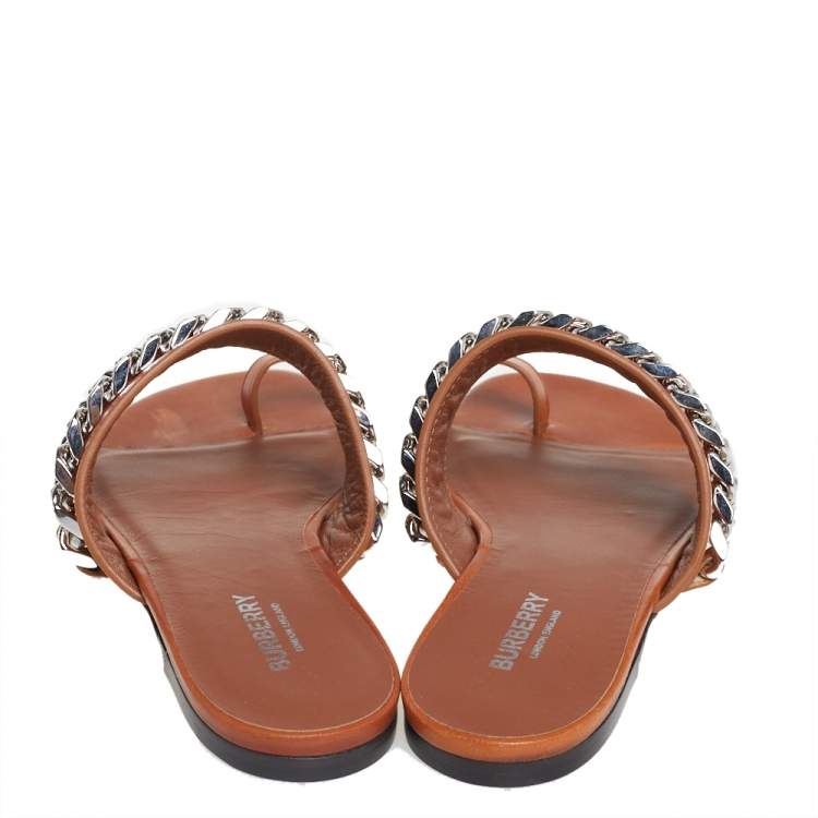 Pre Owned Burberry Brown Leather Heidi Toe Ring Flats Size 37