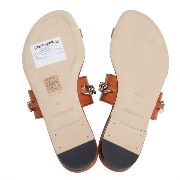 Pre Owned Burberry Brown Leather Heidi Toe Ring Flats Size 37