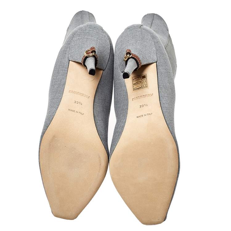 Pre Owned Burberry Grey Canvas And Elastic Fabric Peep Toe Kenzie Ankle Boots Size 39.5