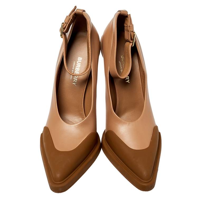 Pre Owned Burberry Brown Leather And Rubber Evan Ankle Strap Pumps Size 40