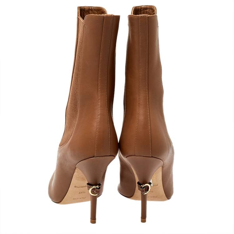 Pre Owned Burberry Brown Leather And Elastic Fabric Peep Toe Kenzie Ankle Boots Size 37