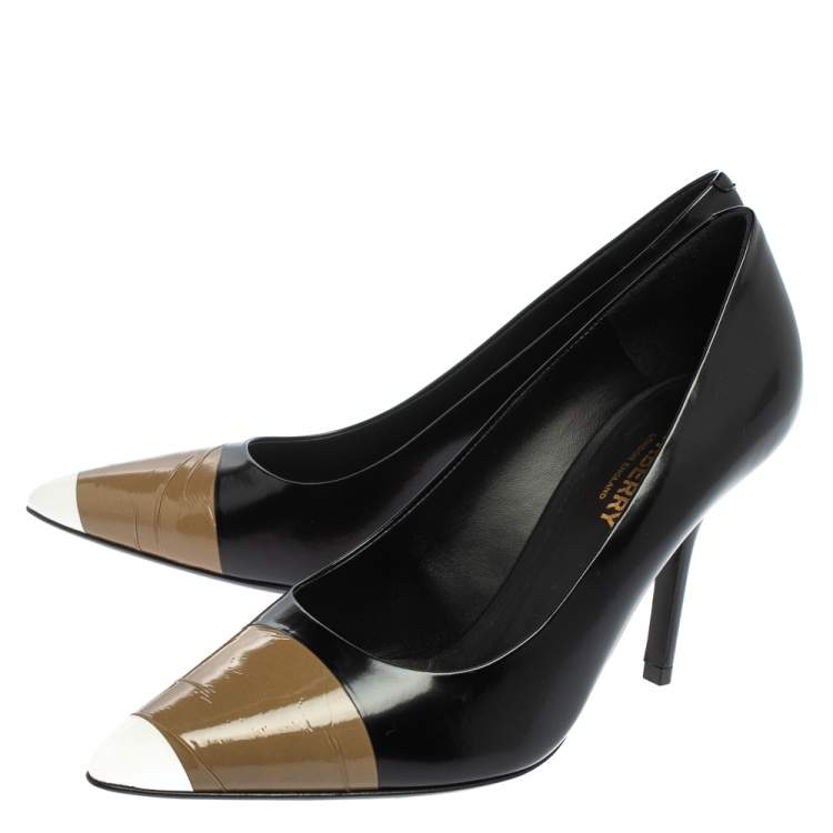 Pre Owned Burberry Black/Brown Leather and Patent Leather Pointed Toe Annalise Pumps Size 37.5