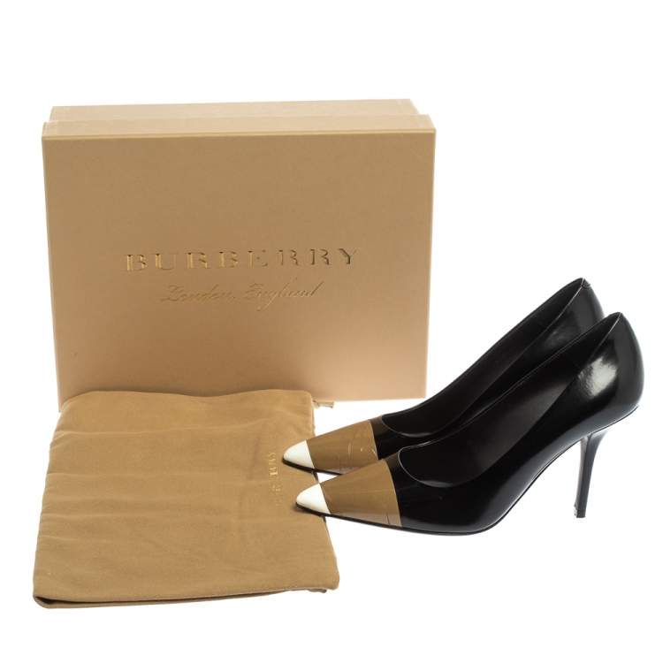 Pre Owned Burberry Black/Brown Leather and Patent Leather Pointed Toe Annalise Pumps Size 37.5