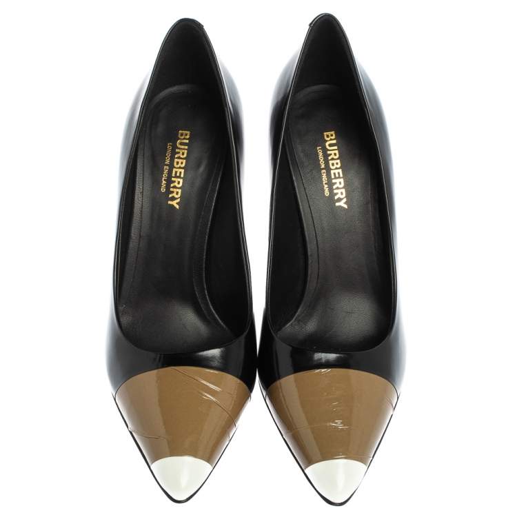 Pre Owned Burberry Black/Brown Leather and Patent Leather Pointed Toe Annalise Pumps Size 37.5