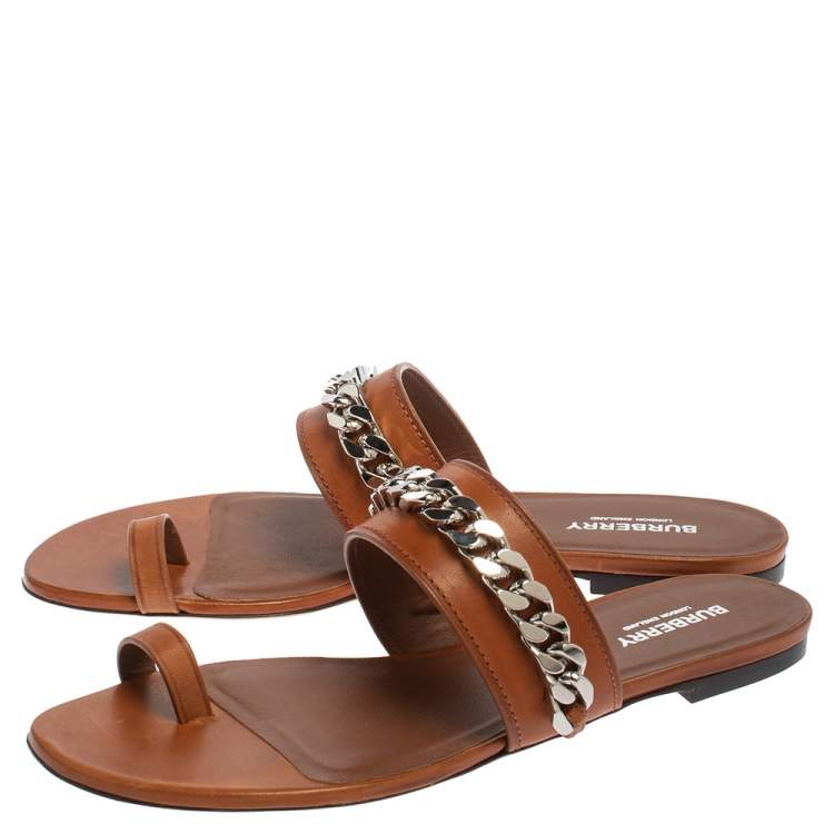 Pre Owned Burberry Brown Leather Heidi Toe Ring Flats Size 39.5
