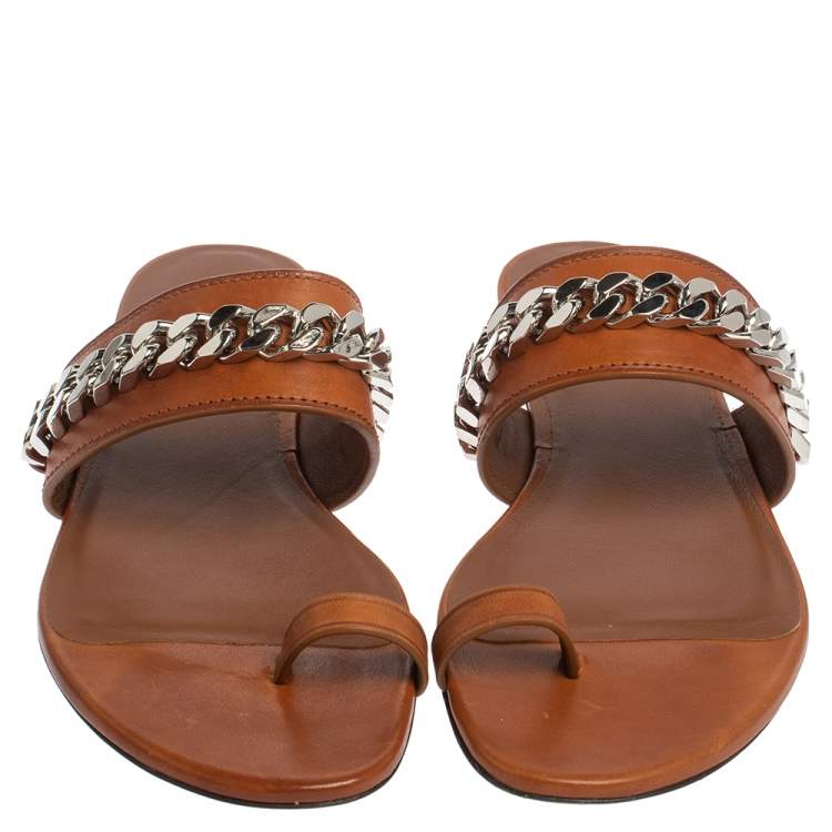 Pre Owned Burberry Brown Leather Heidi Toe Ring Flats Size 39.5