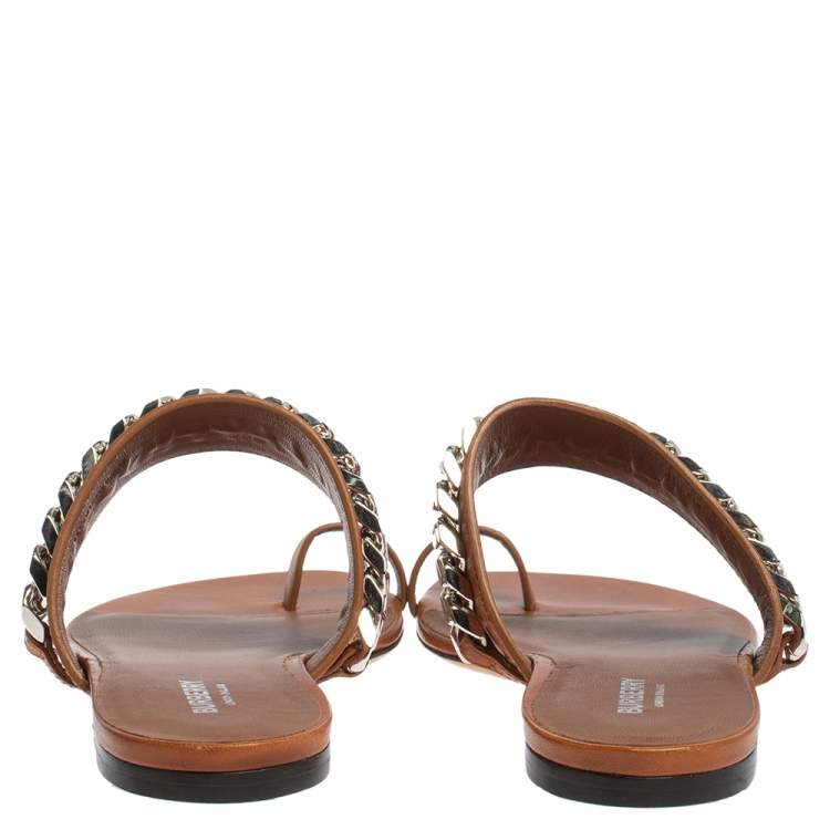 Pre Owned Burberry Brown Leather Heidi Toe Ring Flats Size 39.5