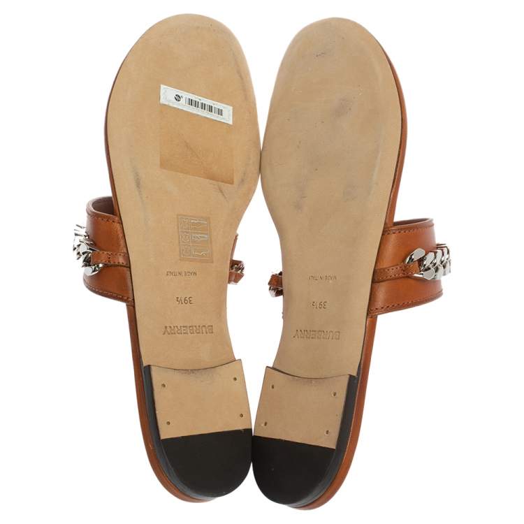 Pre Owned Burberry Brown Leather Heidi Toe Ring Flats Size 39.5