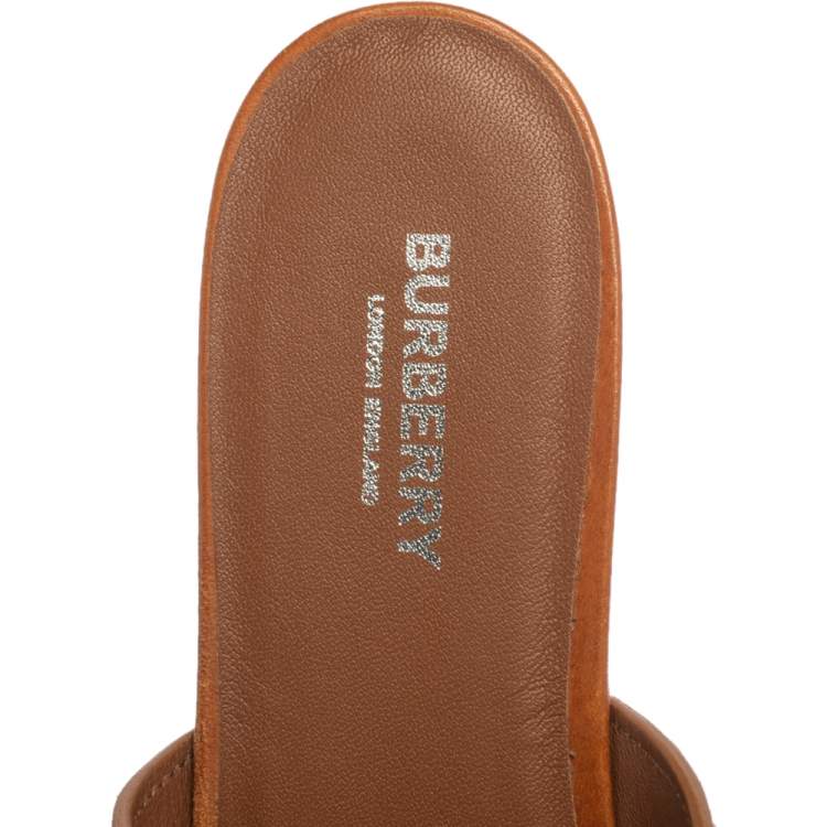 Pre Owned Burberry Brown Leather Heidi Toe Ring Flats Size 39.5