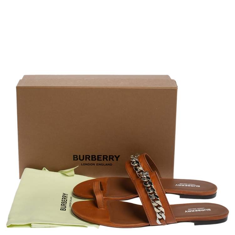Pre Owned Burberry Brown Leather Heidi Toe Ring Flats Size 39.5
