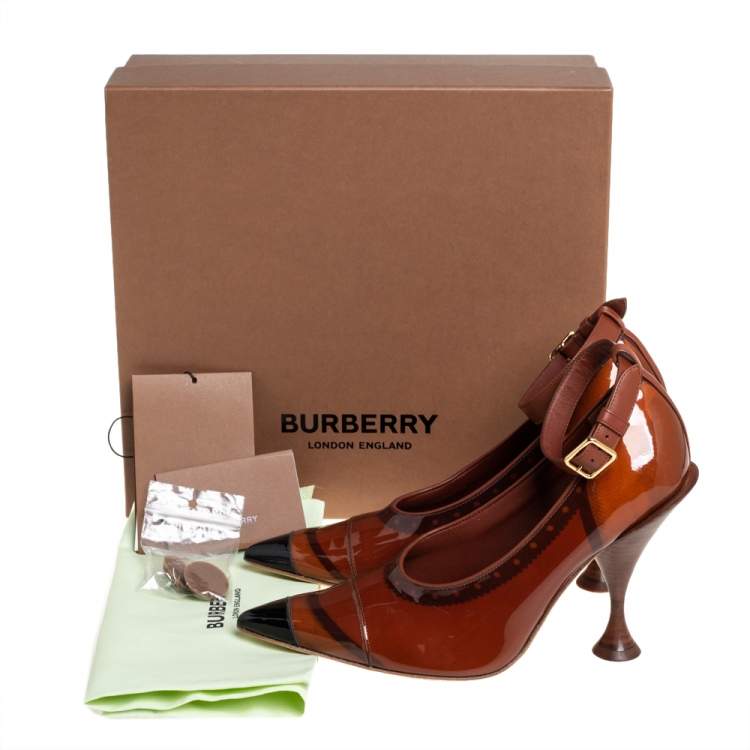 Pre Owned Burberry Brown/Black Patent Leather Brecon Ankle Strap Pumps Size 39