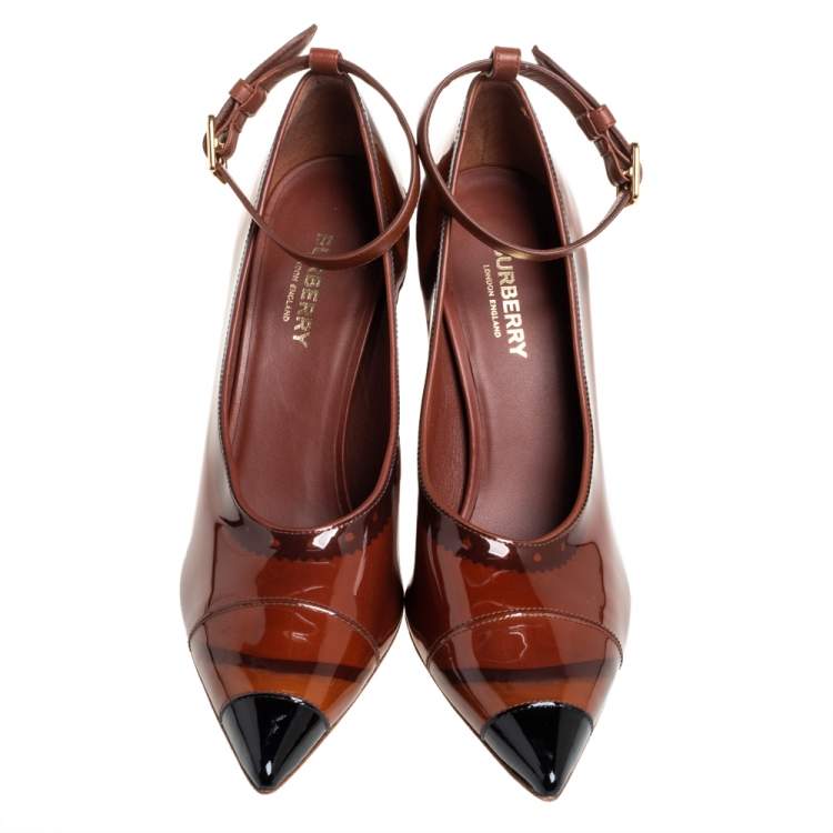 Pre Owned Burberry Brown/Black Patent Leather Brecon Ankle Strap Pumps Size 39