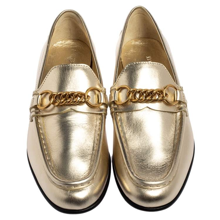 Pre Owned Burberry Light Gold Leather Solway Chain Detail Slip on Loafers Size 38.5