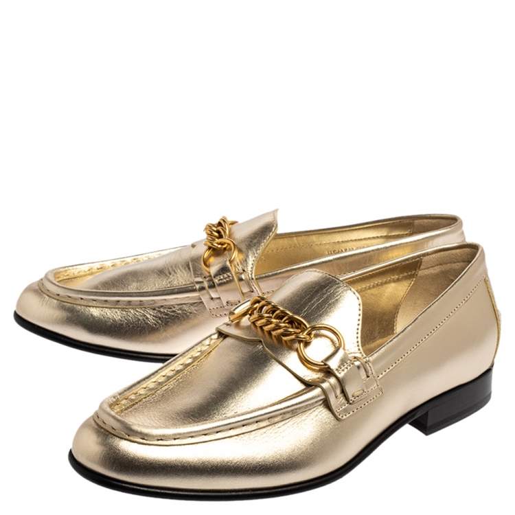 Pre Owned Burberry Light Gold Leather Solway Chain Detail Slip on Loafers Size 38.5