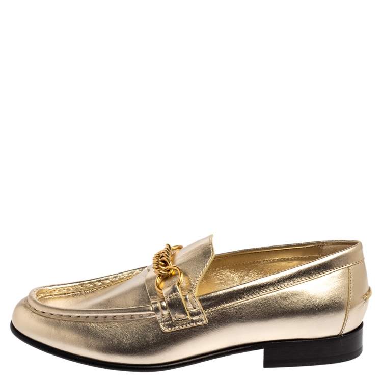 Pre Owned Burberry Light Gold Leather Solway Chain Detail Slip on Loafers Size 38.5