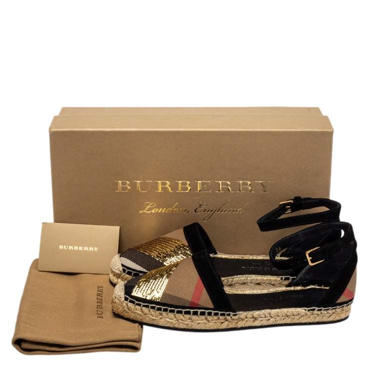 Pre Owned Burberry Beige House Check Canvas And Sequins Abbingdon Espadrille Flats Size 36