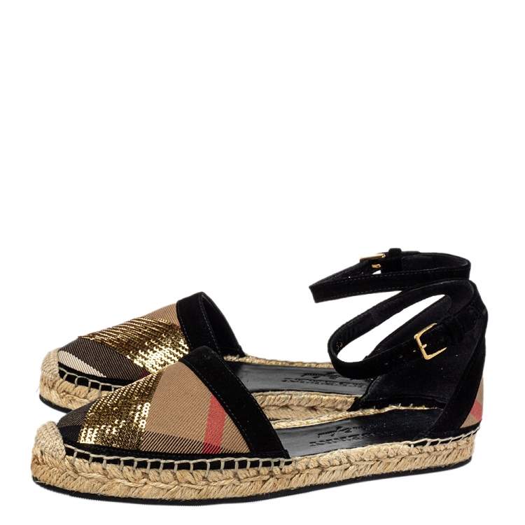 Pre Owned Burberry Beige House Check Canvas And Sequins Abbingdon Espadrille Flats Size 36