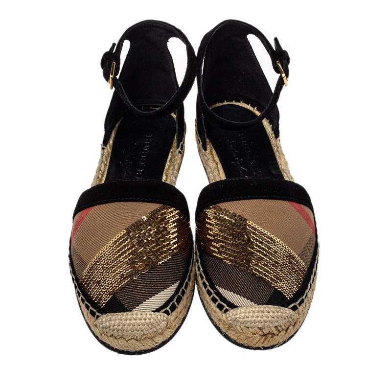 Pre Owned Burberry Beige House Check Canvas And Sequins Abbingdon Espadrille Flats Size 36