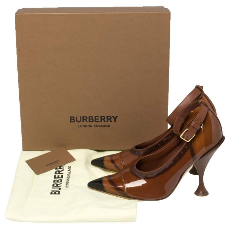 Pre Owned Burberry Brown PVC And Patent Leather Evan Pointed Toe Ankle Strap Pumps Size 39