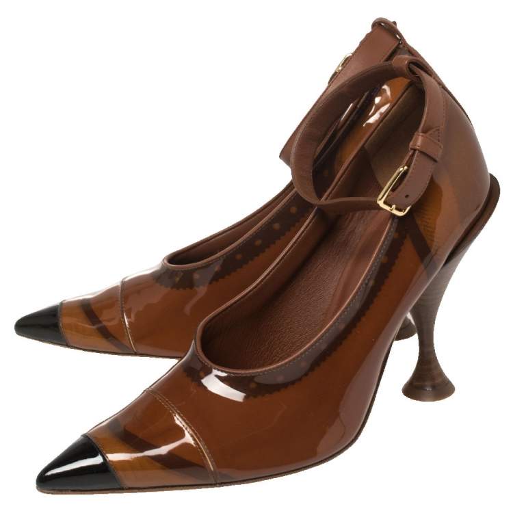 Pre Owned Burberry Brown PVC And Patent Leather Evan Pointed Toe Ankle Strap Pumps Size 39