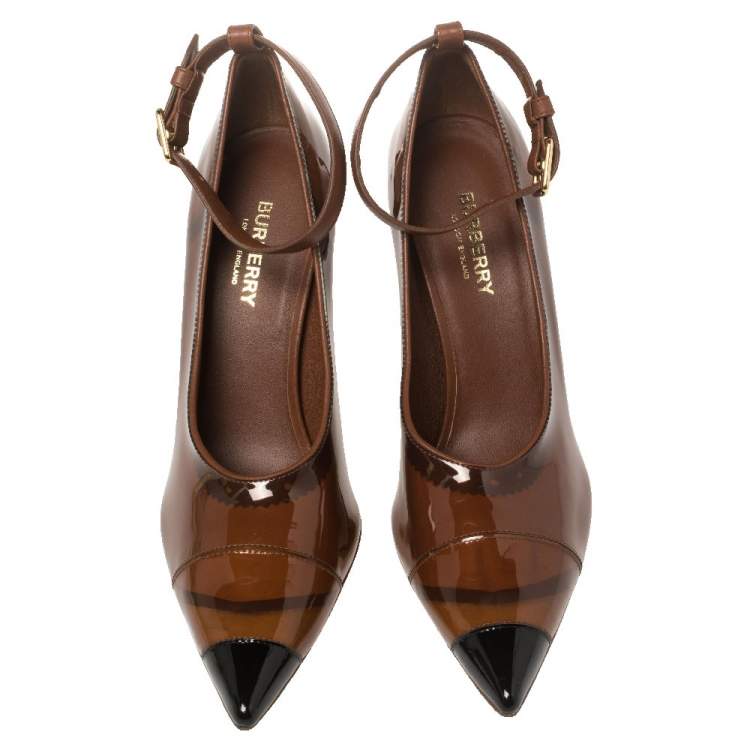 Pre Owned Burberry Brown PVC And Patent Leather Evan Pointed Toe Ankle Strap Pumps Size 39