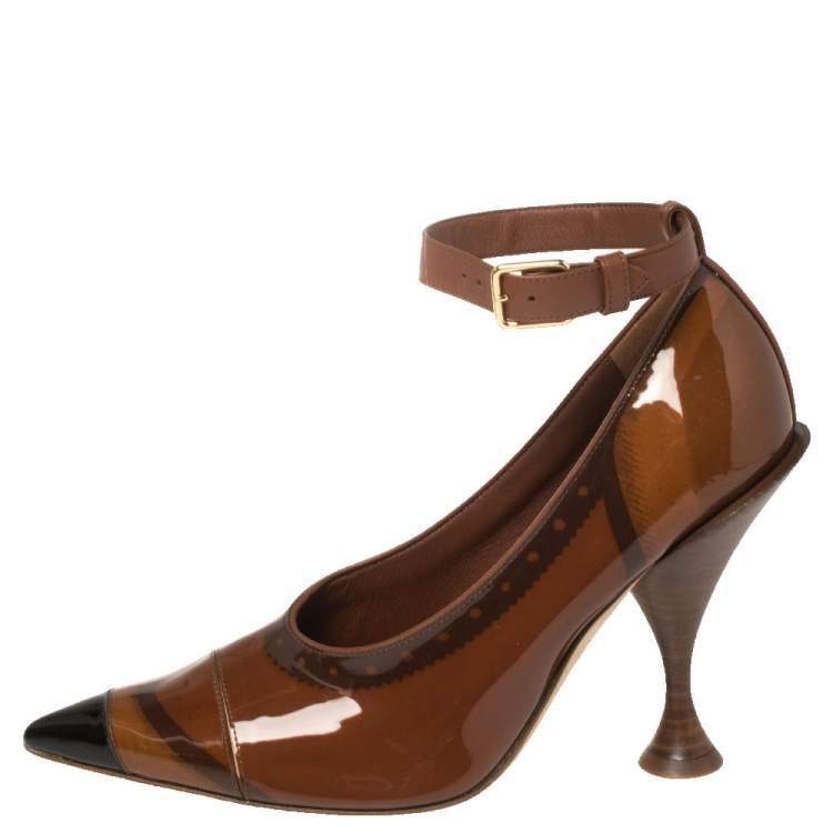 Pre Owned Burberry Brown PVC And Patent Leather Evan Pointed Toe Ankle Strap Pumps Size 39