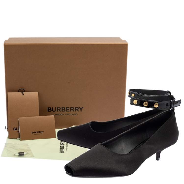 Pre Owned Burberry Black Satin Peep Toe Ankle Strap Pumps Size 37.5