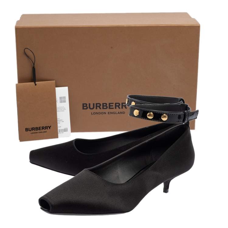 Pre Owned Burberry Black Satin Peep Toe Ankle Strap Pumps Size 38.5