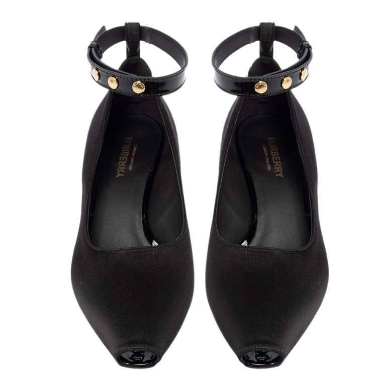 Pre Owned Burberry Black Satin Peep Toe Ankle Strap Pumps Size 38.5