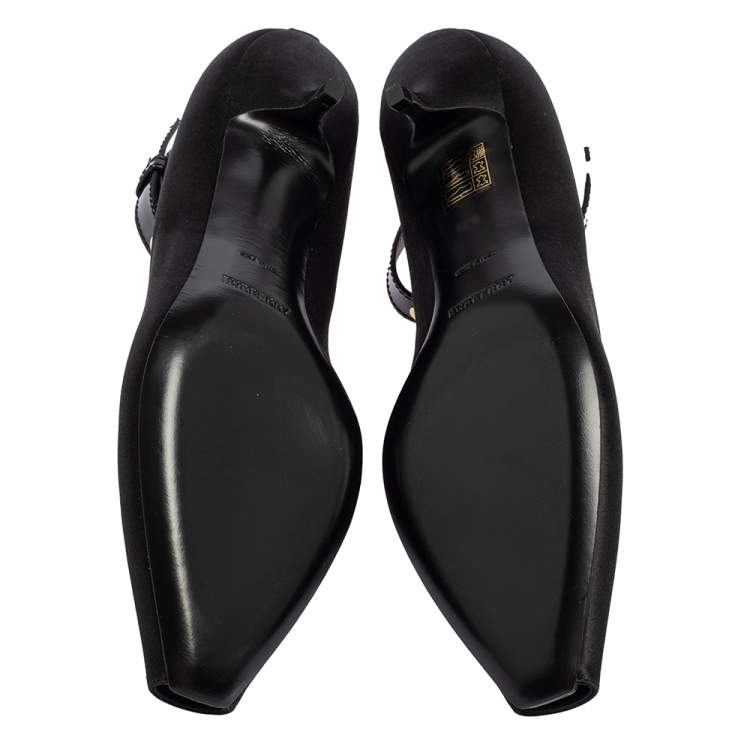 Pre Owned Burberry Black Satin Peep Toe Ankle Strap Pumps Size 38.5