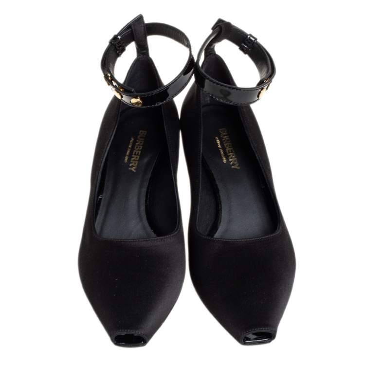 Pre Owned Burberry Black Satin And Patent Leather Kitten Heel Peep Toe Ankle Strap Pumps Size 36.5