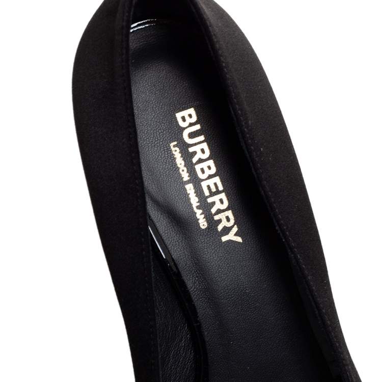 Pre Owned Burberry Black Satin And Patent Leather Kitten Heel Peep Toe Ankle Strap Pumps Size 36.5