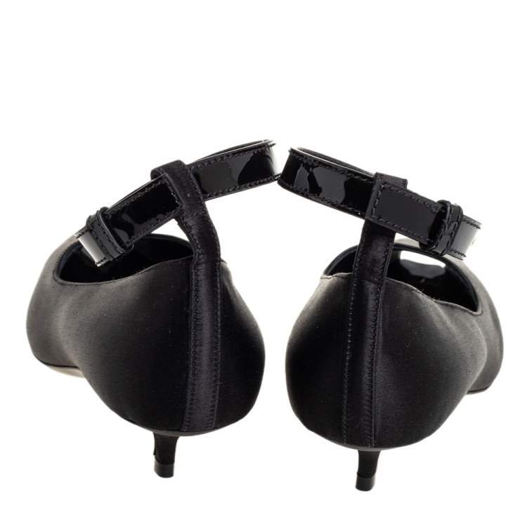 Pre Owned Burberry Black Satin And Patent Leather Kitten Heel Peep Toe Ankle Strap Pumps Size 36.5