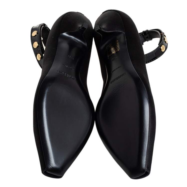 Pre Owned Burberry Black Satin And Patent Leather Kitten Heel Peep Toe Ankle Strap Pumps Size 36.5