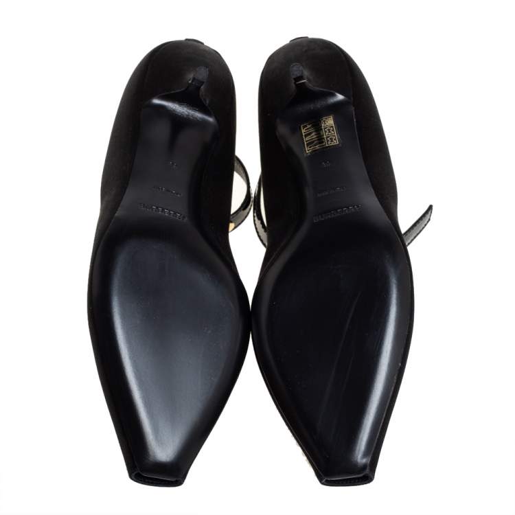 Pre Owned Burberry Black Satin And Patent Leather Kitten Heel Peep Toe Ankle Strap Pumps Size 39