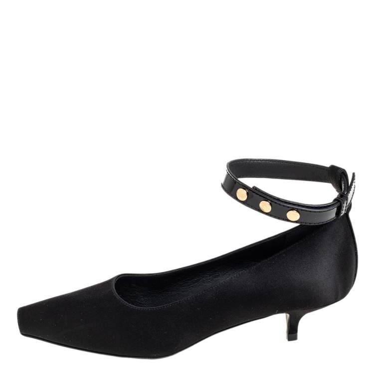 Pre Owned Burberry Black Satin And Patent Leather Kitten Heel Peep Toe Ankle Strap Pumps Size 38