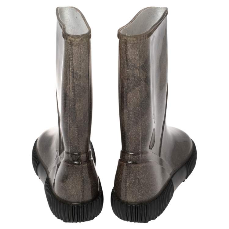Pre Owned Burberry Grey Check Knit Fabric And PVC Rain Boots Size 35/36
