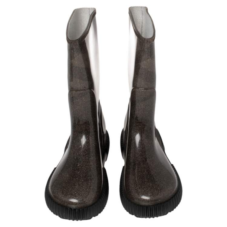 Pre Owned Burberry Grey Check Knit Fabric And PVC Rain Boots Size 35/36