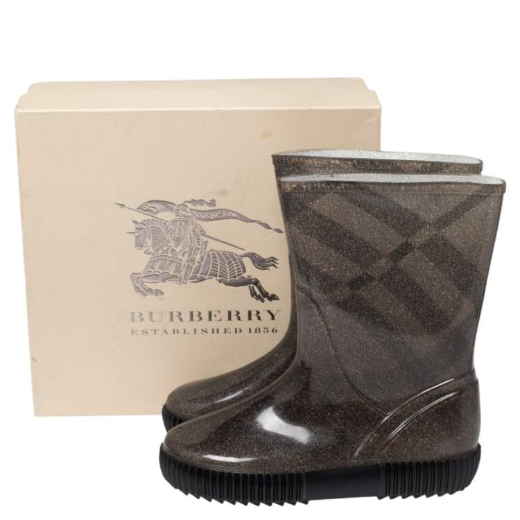 Pre Owned Burberry Grey Check Knit Fabric And PVC Rain Boots Size 35/36