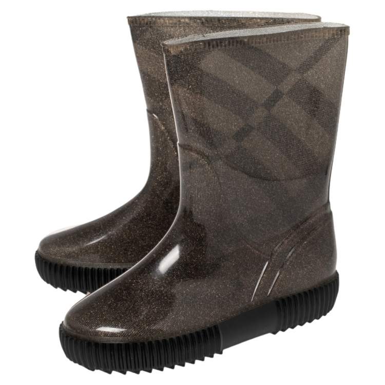 Pre Owned Burberry Grey Check Knit Fabric And PVC Rain Boots Size 35/36