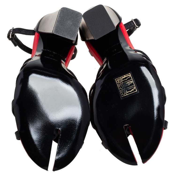 Pre Owned Burberry Black/Red Leather Hove Heel Ankle Strap Sandals Size 39