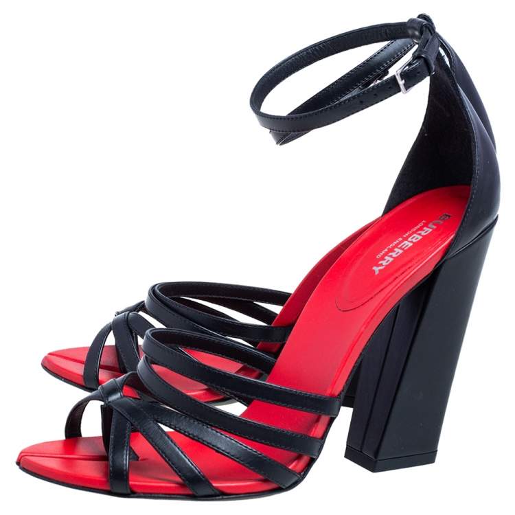 Pre Owned Burberry Black/Red Leather Hove Heel Ankle Strap Sandals Size 39