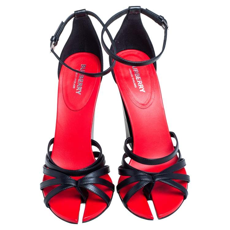 Pre Owned Burberry Black/Red Leather Hove Heel Ankle Strap Sandals Size 39