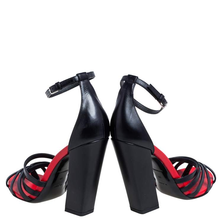 Pre Owned Burberry Black/Red Leather Hove Heel Ankle Strap Sandals Size 39