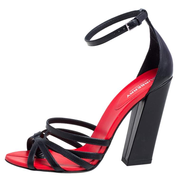 Pre Owned Burberry Black/Red Leather Hove Heel Ankle Strap Sandals Size 39