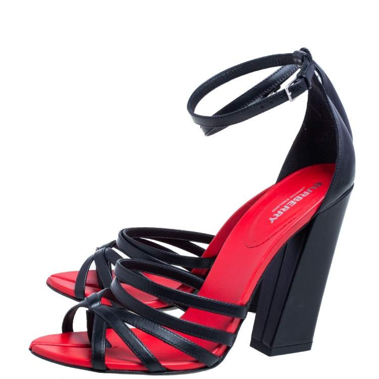 Pre Owned Burberry Black/Red Leather Hove Heel Ankle Strap Sandals Size 40