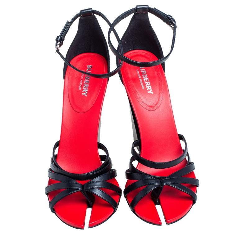 Pre Owned Burberry Black/Red Leather Hove Heel Ankle Strap Sandals Size 40
